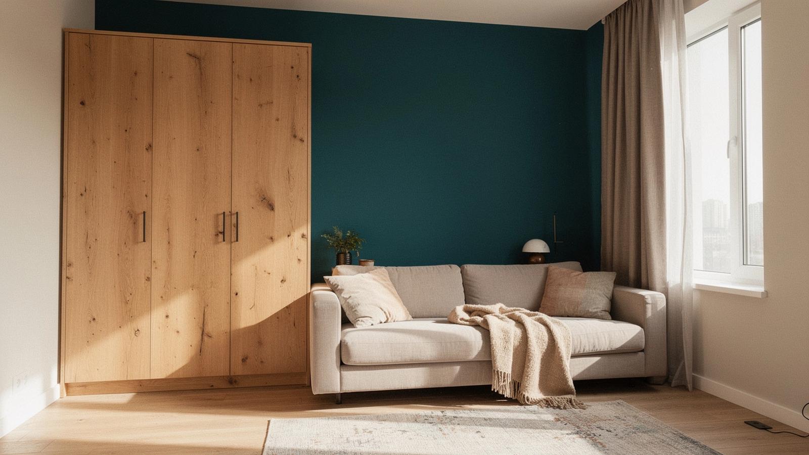 Renovated Kyiv apartment living room with built-in wardrobe storage and a deep teal accent wall